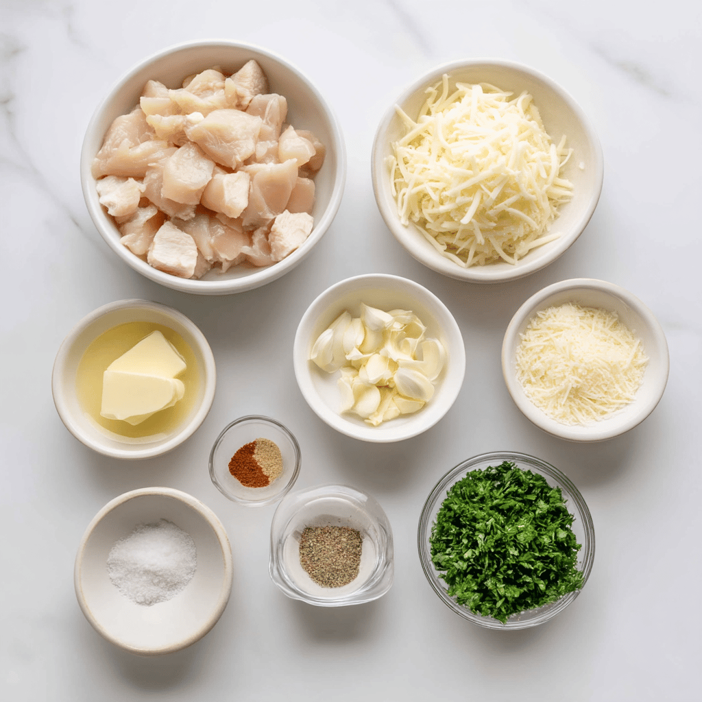 Ingredients for Cheesy Garlic Butter Chicken Bites: Air Fryer Magic