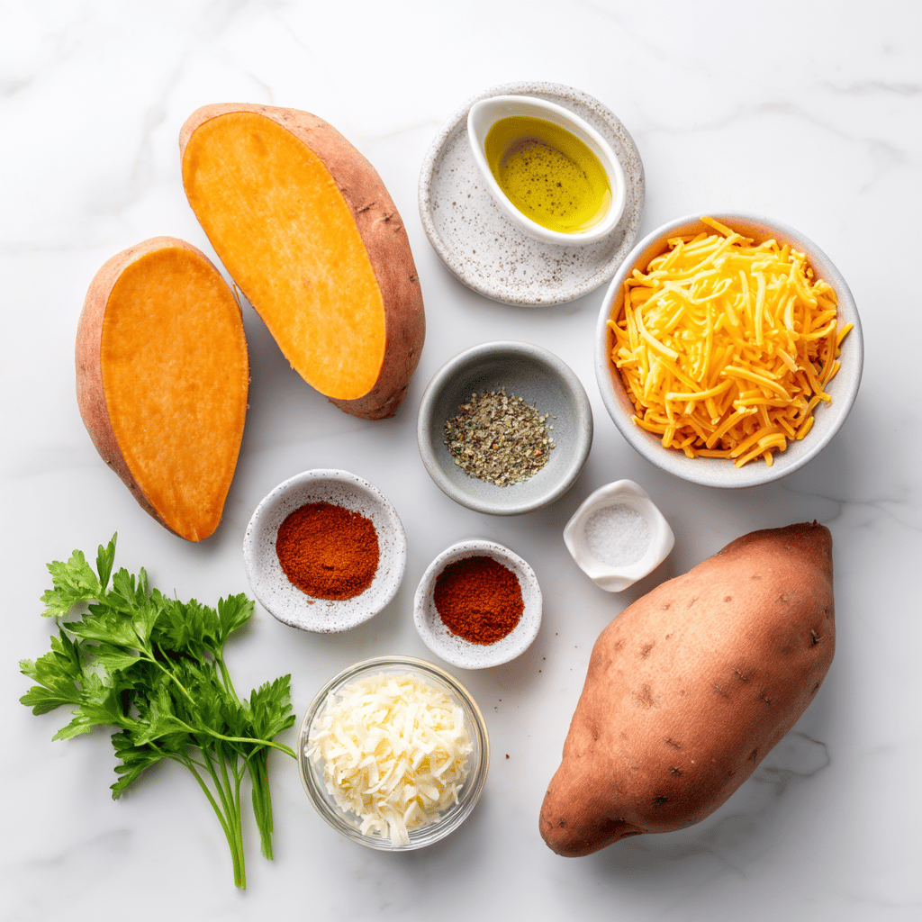 Ingredients for Crispy Air Fryer Cheesy Sweet Potato Wedges