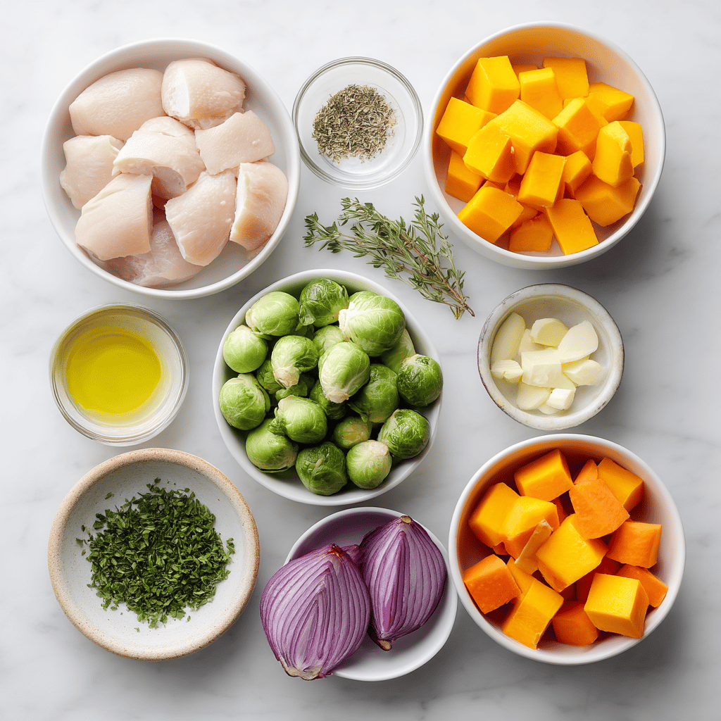 Ingredients for Sheet Pan Garlic Butter Chicken with Autumn Veggies
